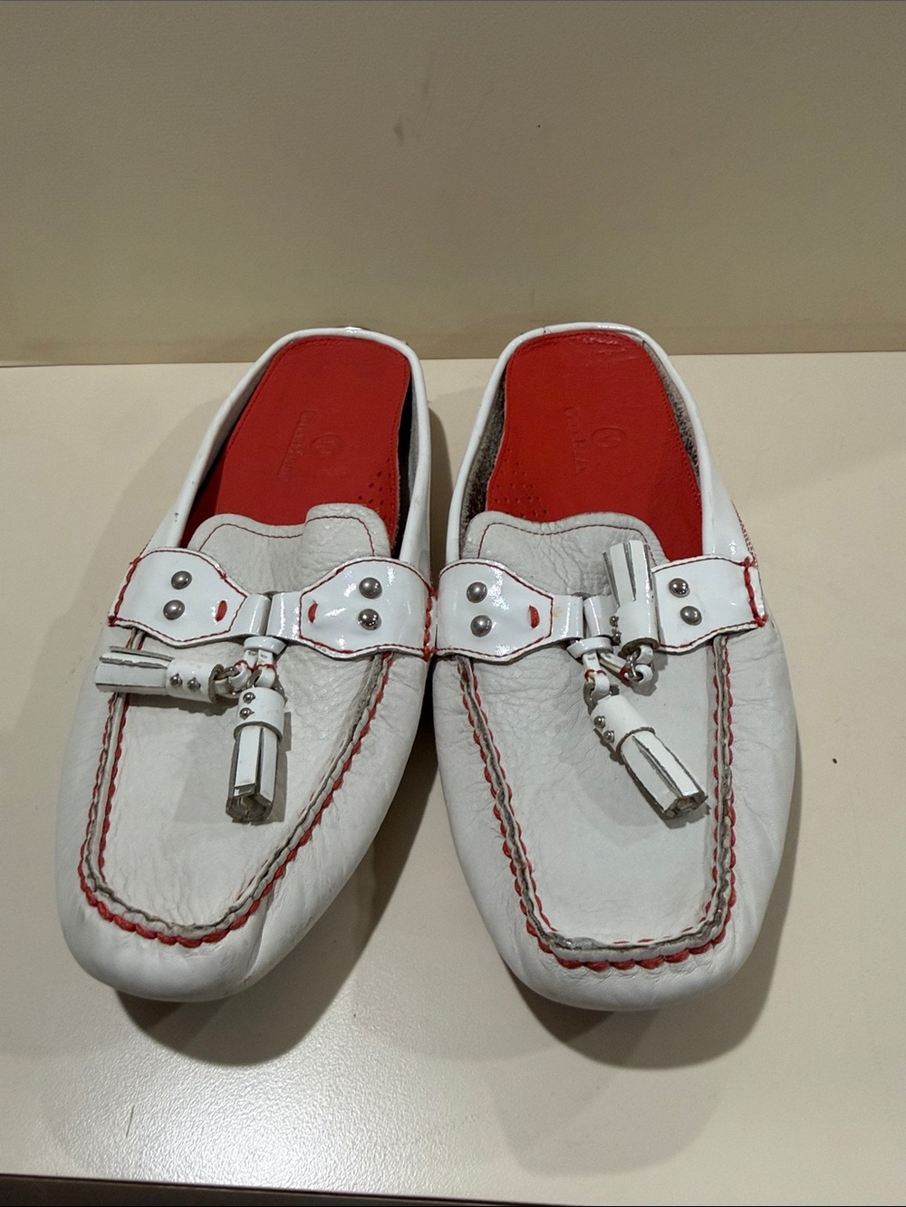 Cole Haan White and Red Leather Tassel Mules - Picture 2 of 9